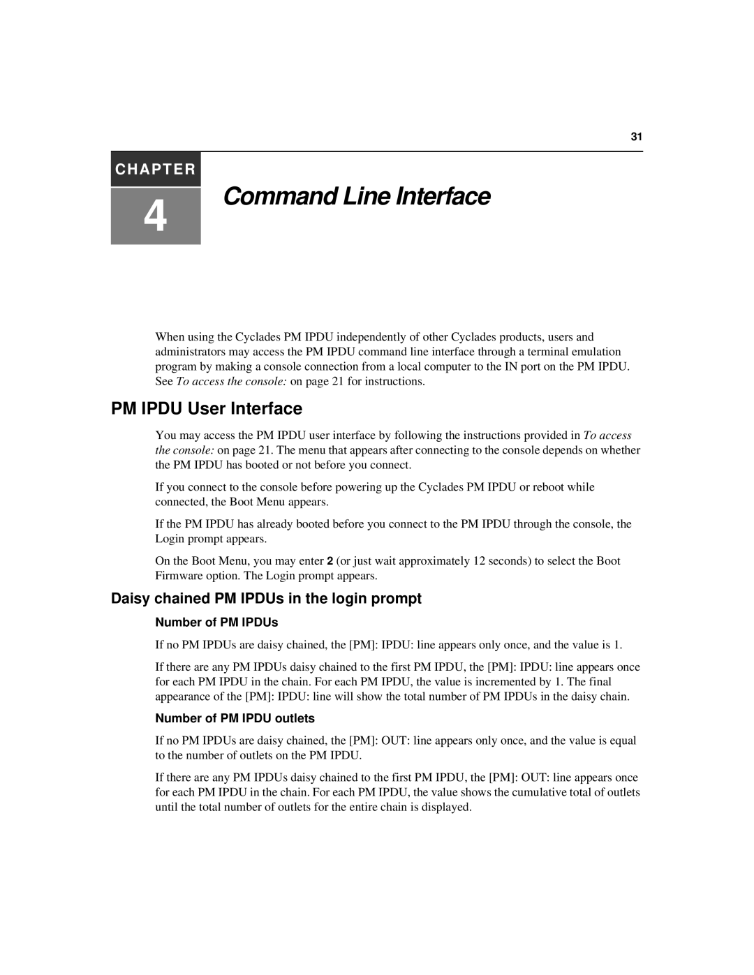 Cyclades manual PM Ipdu User Interface, Daisy chained PM IPDUs in the login prompt, Number of PM IPDUs 