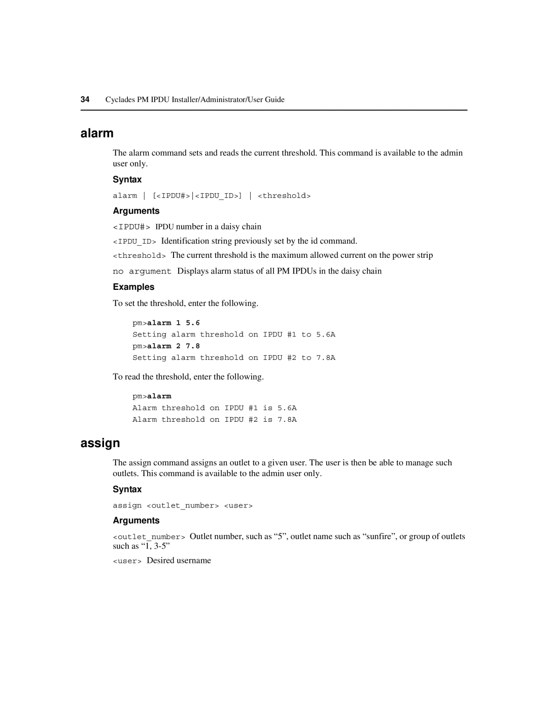 Cyclades PM IPDU Alarm, Assign, To set the threshold, enter the following, To read the threshold, enter the following 