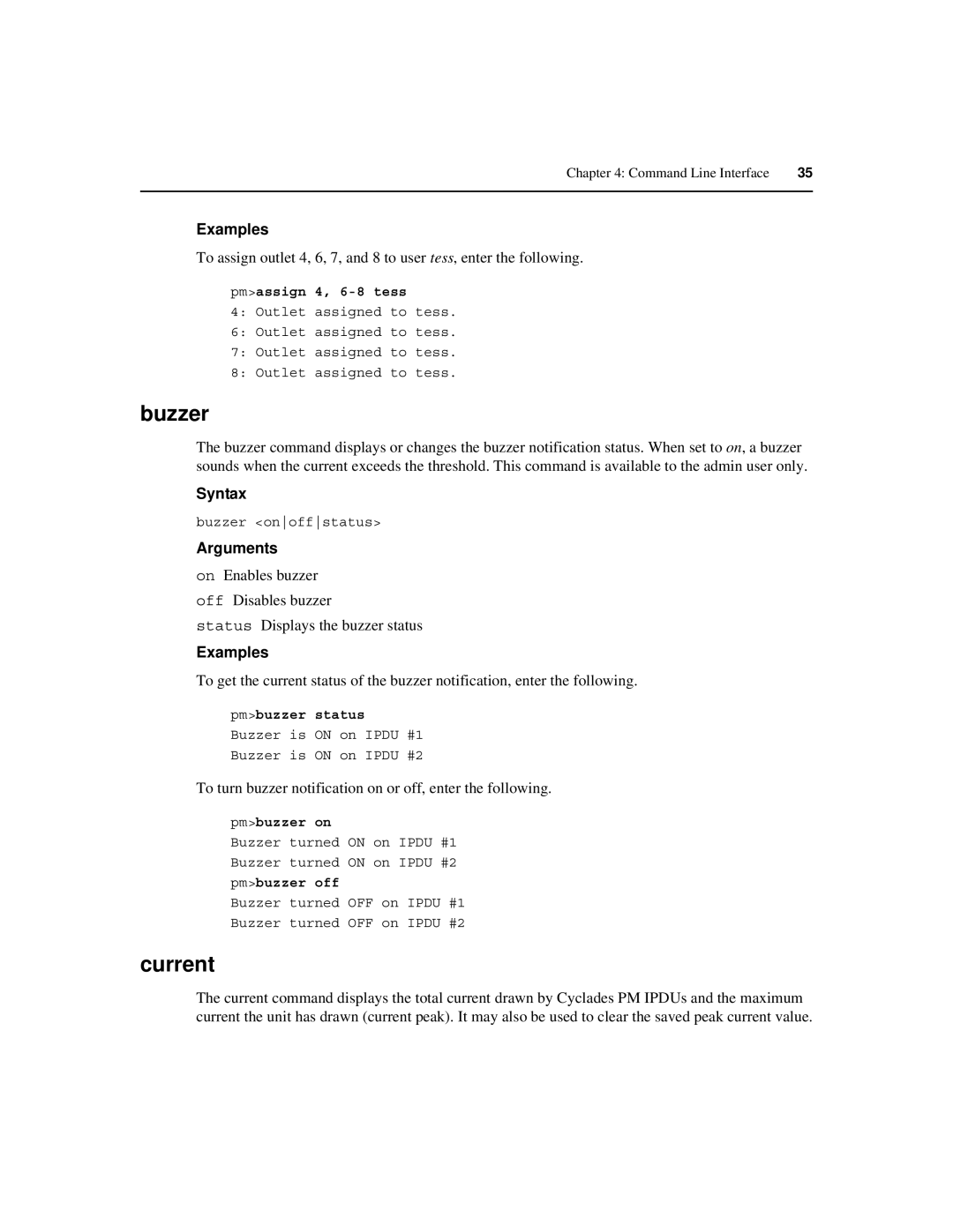 Cyclades PM IPDU manual Buzzer, Current, To turn buzzer notification on or off, enter the following 