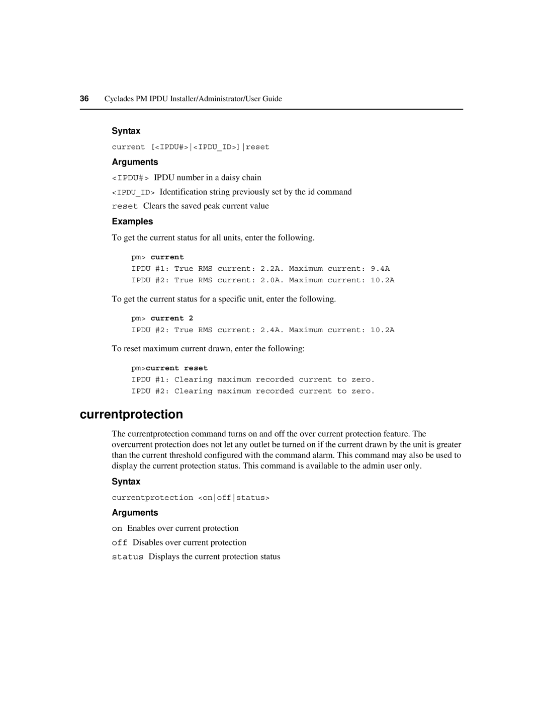 Cyclades PM IPDU manual Currentprotection, To reset maximum current drawn, enter the following, Pm current, Pmcurrent reset 