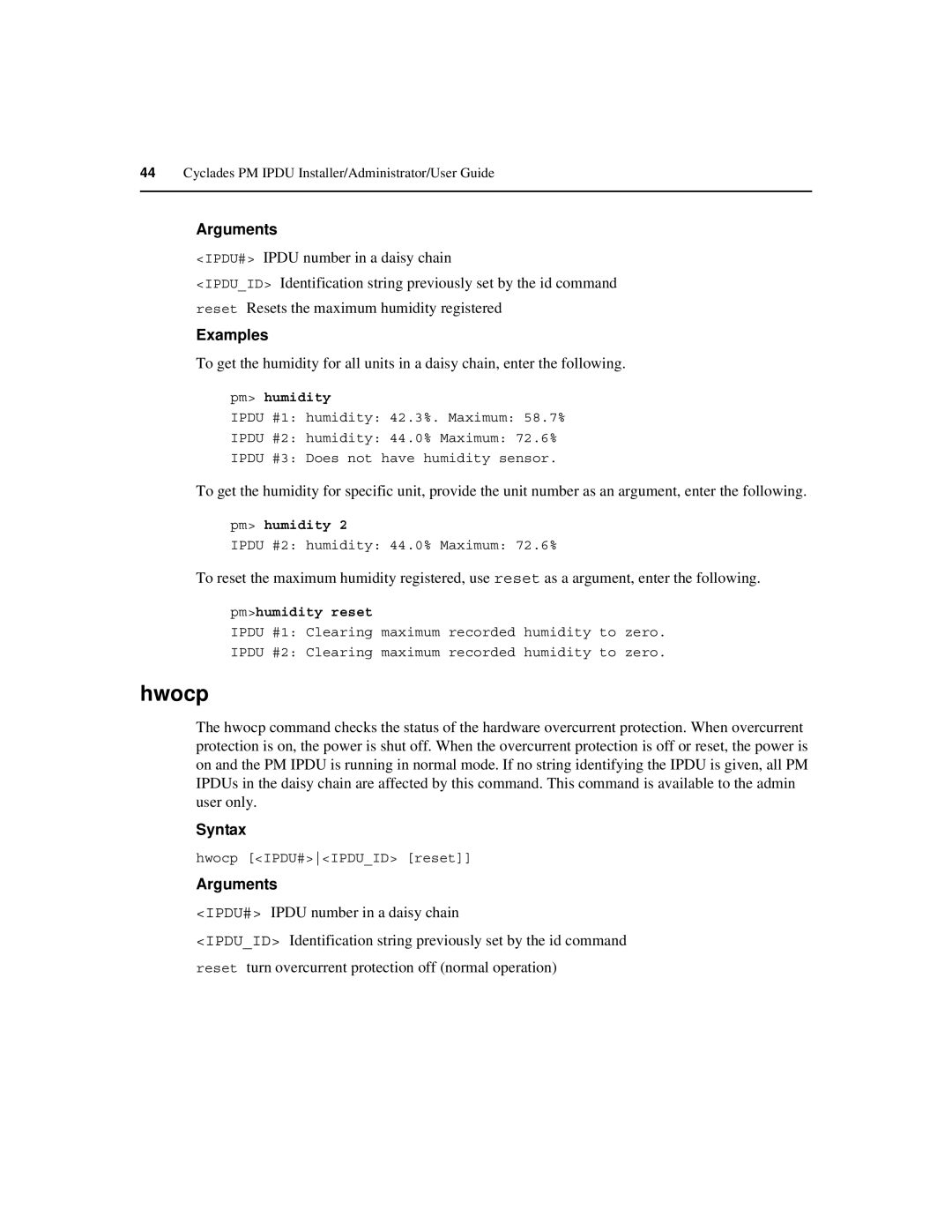 Cyclades PM IPDU manual Hwocp, Pm humidity, Pmhumidity reset 