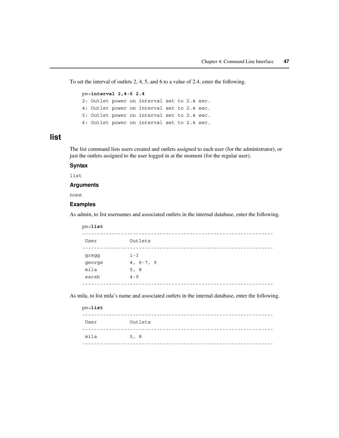 Cyclades PM IPDU manual List, Pminterval 2,4-6, Pmlist 