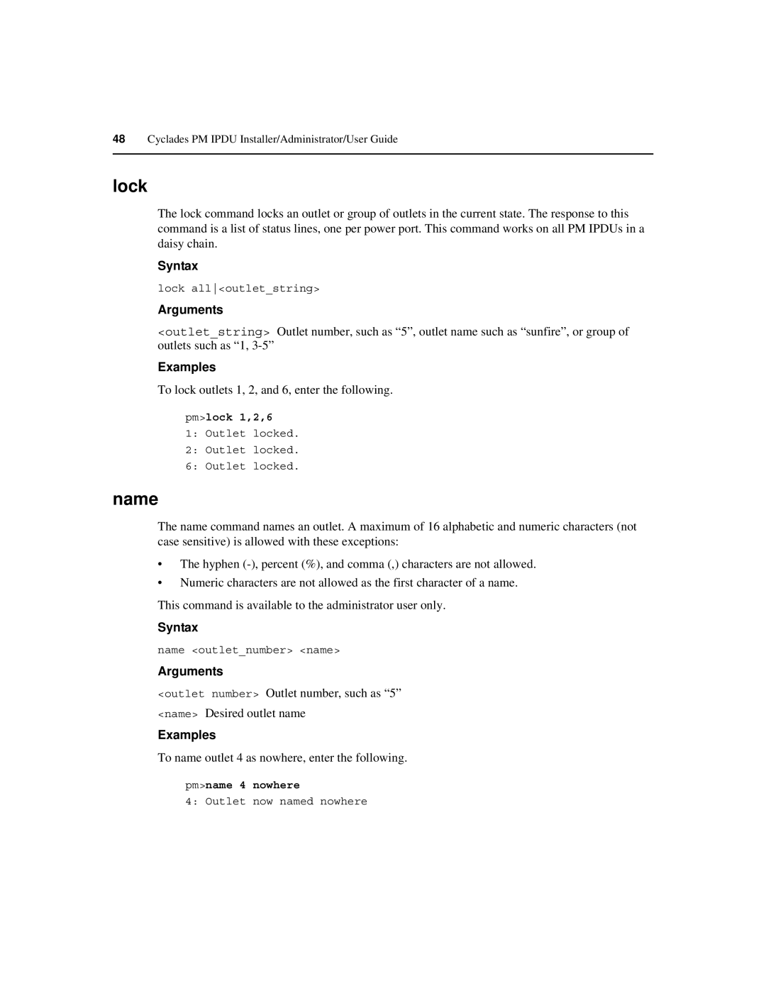 Cyclades PM IPDU manual Lock, Name, To lock outlets 1, 2, and 6, enter the following 