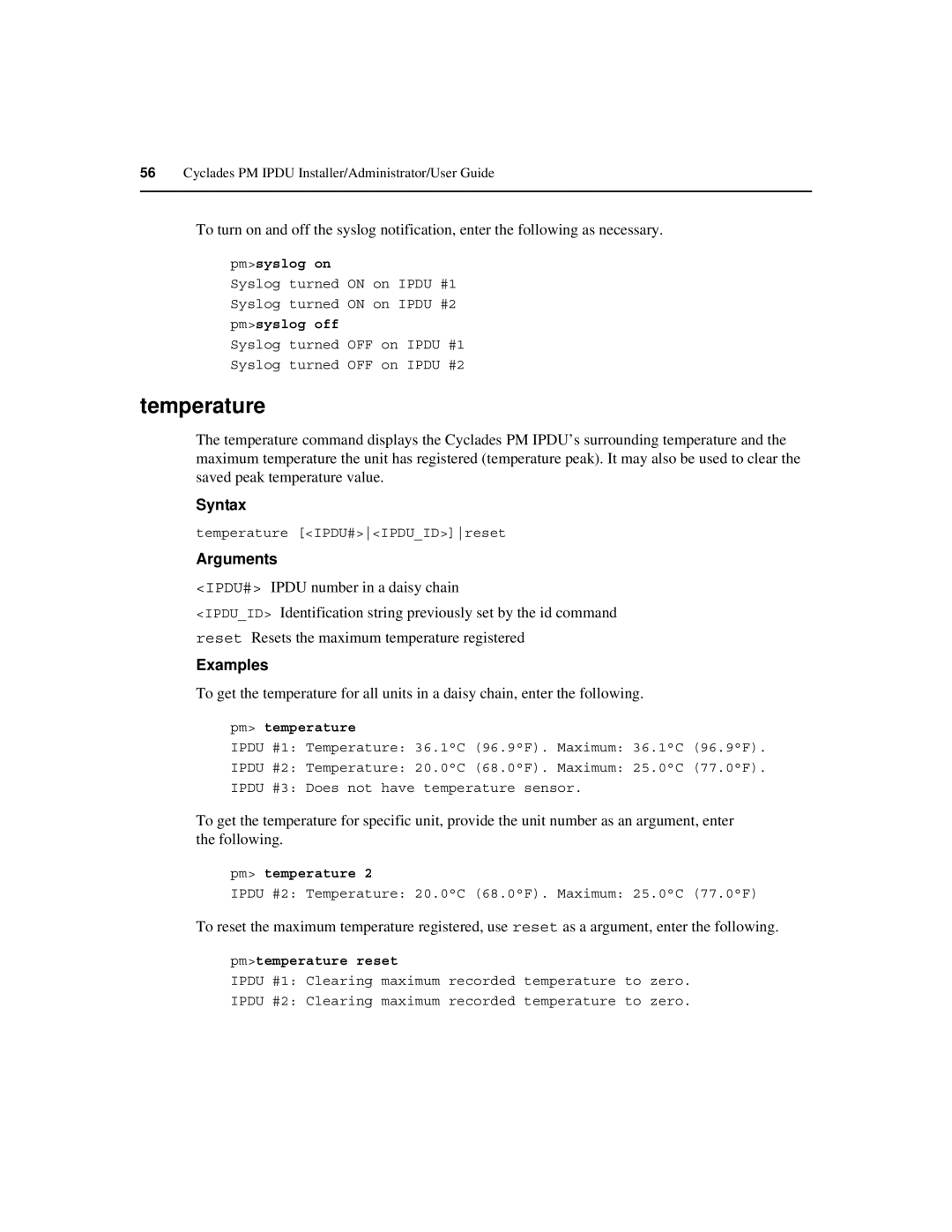 Cyclades PM IPDU manual Temperature, Pmsyslog on, Pmsyslog off, Pm temperature, Pmtemperature reset 