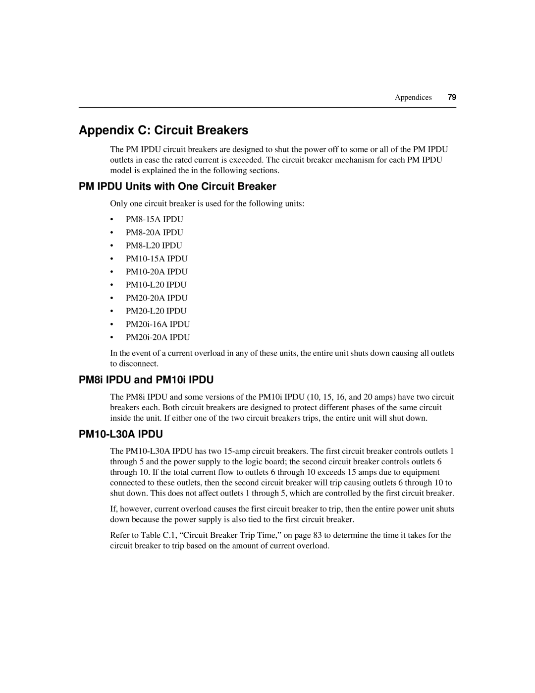 Cyclades PM IPDU manual Appendix C Circuit Breakers, PM Ipdu Units with One Circuit Breaker, PM8i Ipdu and PM10i Ipdu 