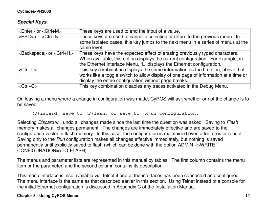 Cyclades PR2000 quick installation manual Special Keys, CONFIGURATION=TO Flash 