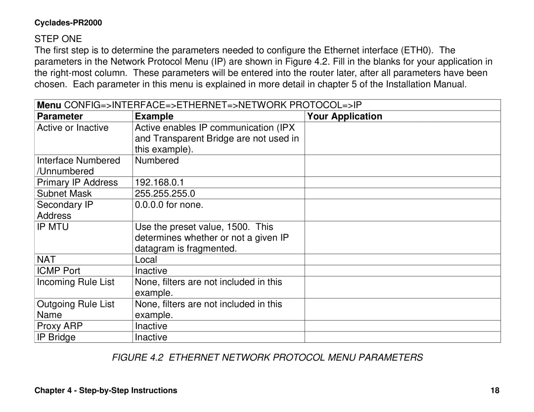 Cyclades PR2000 quick installation manual Step ONE, Parameter Example Your Application, Ip Mtu, Nat 