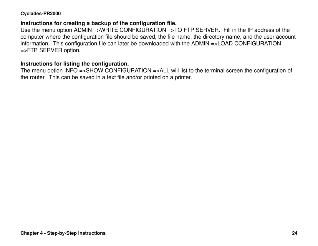 Cyclades PR2000 Instructions for creating a backup of the configuration file, Instructions for listing the configuration 