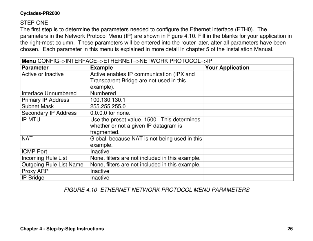 Cyclades PR2000 quick installation manual Ethernet Network Protocol Menu Parameters 