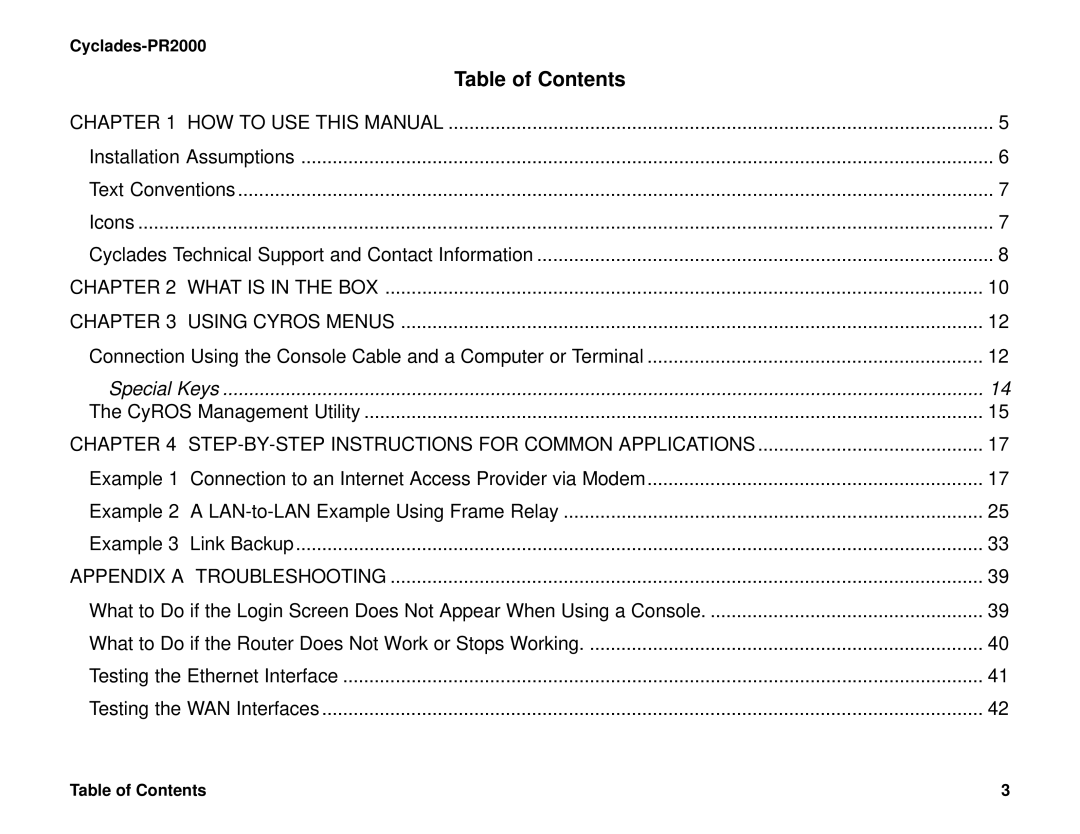 Cyclades PR2000 quick installation manual Table of Contents 