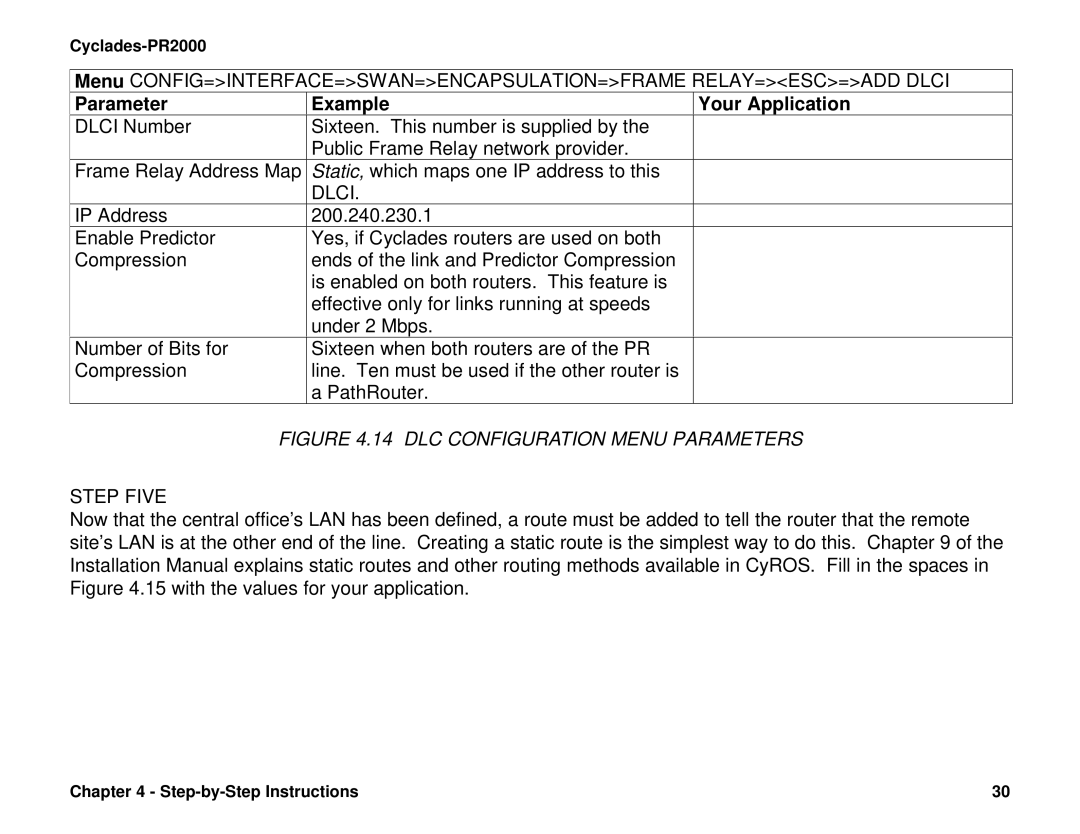 Cyclades PR2000 quick installation manual Dlci, DLC Configuration Menu Parameters 