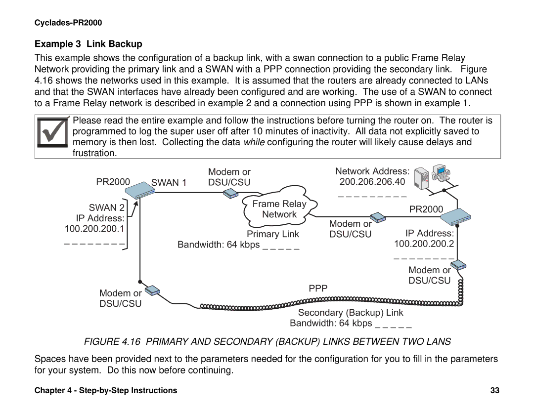 Cyclades PR2000 quick installation manual Example 3 Link Backup, Secondary Backup Link Bandwidth 64 kbps 