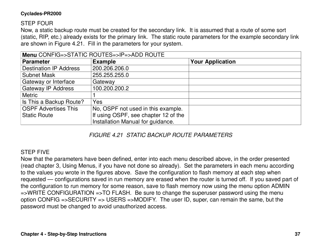 Cyclades PR2000 quick installation manual Static Backup Route Parameters 