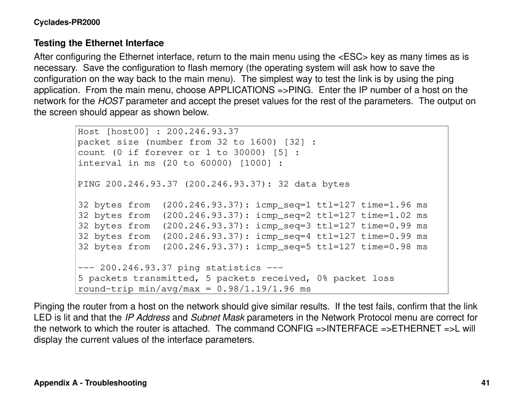 Cyclades PR2000 quick installation manual Testing the Ethernet Interface 