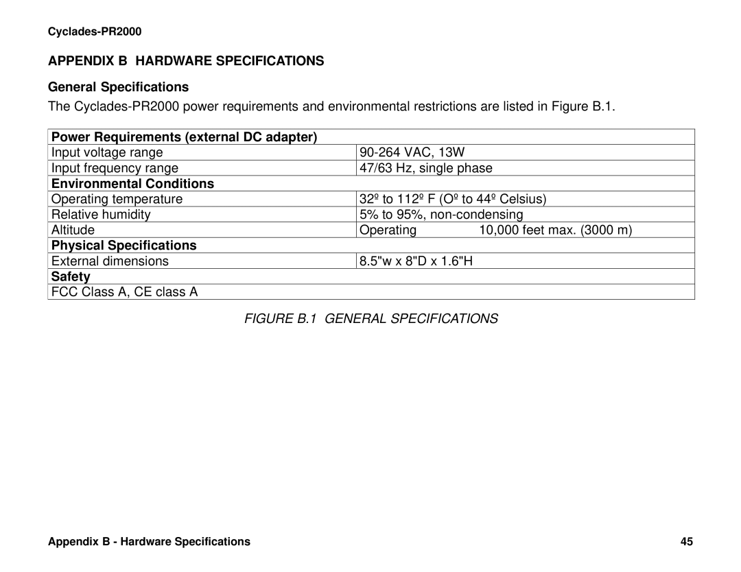 Cyclades PR2000 General Specifications, Power Requirements external DC adapter, Environmental Conditions, Safety 