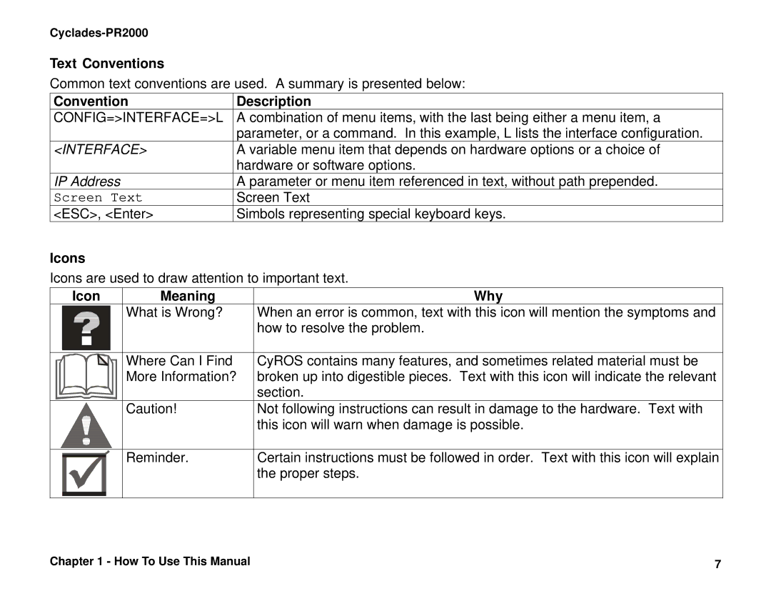 Cyclades PR2000 Text Conventions, Convention Description, Config=Interface=L, Icons, Icon Meaning Why 