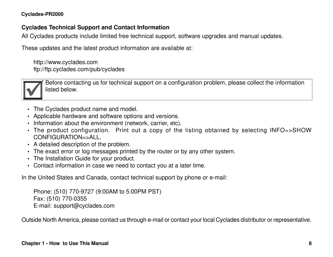 Cyclades PR2000 quick installation manual Cyclades Technical Support and Contact Information, Configuration=All 