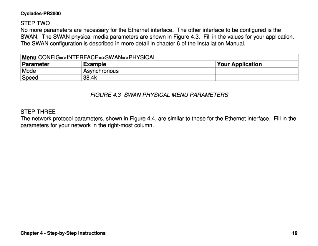 Cyclades PR2000 quick installation manual 3 SWAN PHYSICAL MENU PARAMETERS, Step Two, Parameter, Example, Your Application 