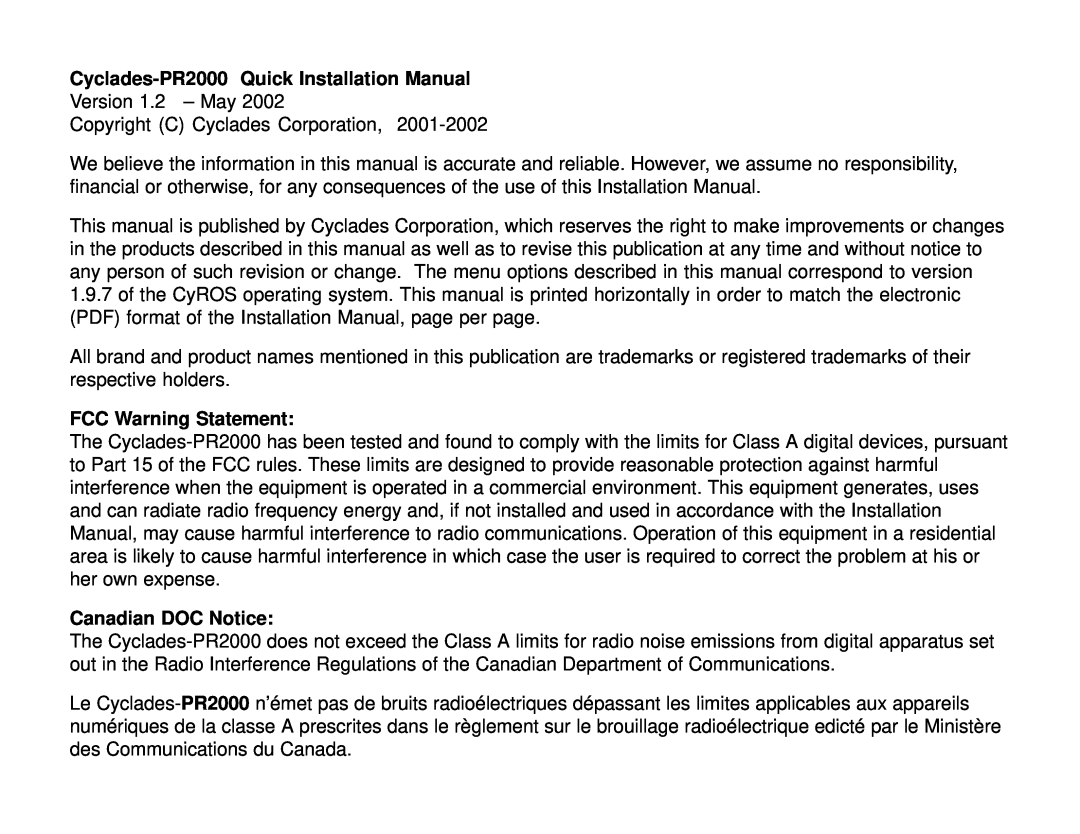 Cyclades quick installation manual Cyclades-PR2000 Quick Installation Manual, FCC Warning Statement, Canadian DOC Notice 