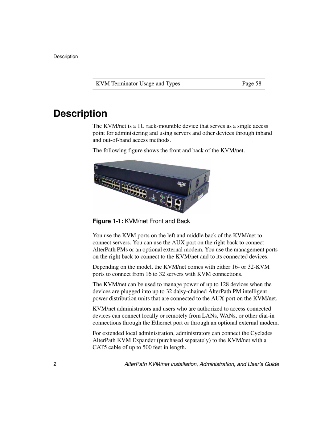 Cyclades User's Guide manual Description, KVM Terminator Usage and Types 