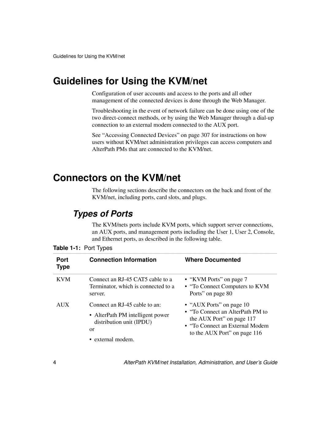 Cyclades User's Guide manual Guidelines for Using the KVM/net, Connectors on the KVM/net, Types of Ports 