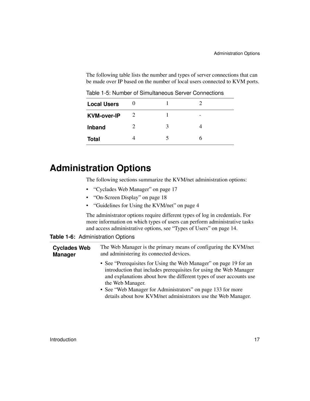 Cyclades User's Guide manual Administration Options, Local Users KVM-over-IP Inband Total, Cyclades Web Manager 