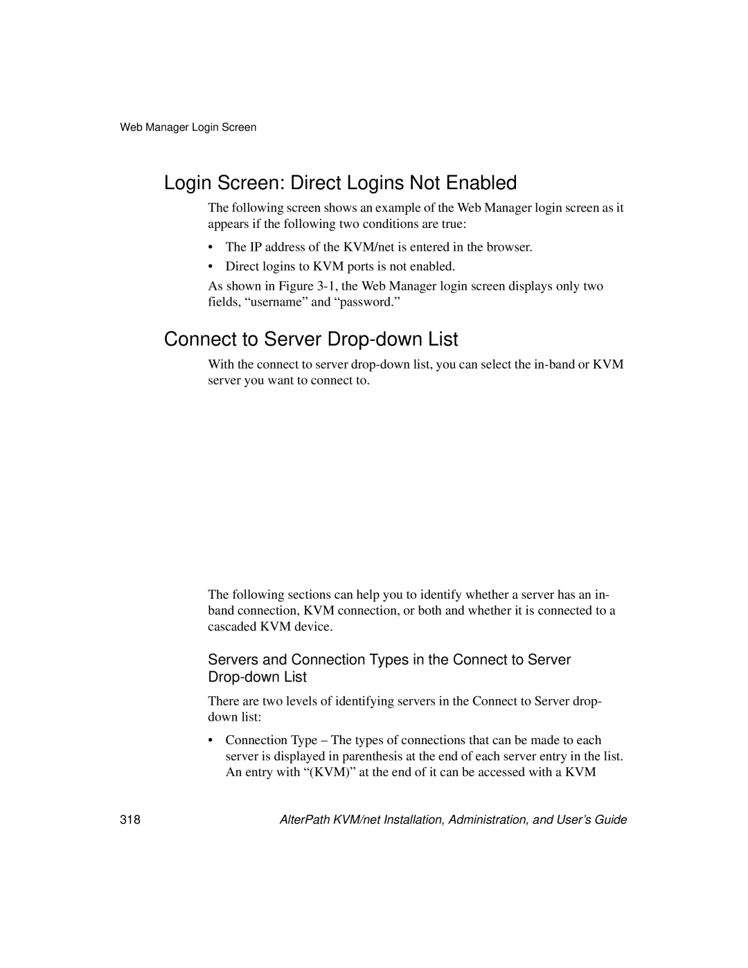 Cyclades User's Guide manual Login Screen Direct Logins Not Enabled, Connect to Server Drop-down List 