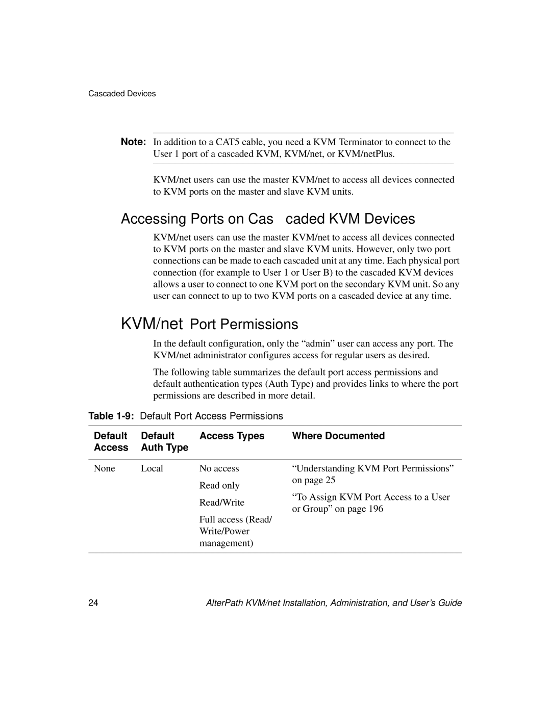 Cyclades User's Guide manual Accessing Ports on Cascaded KVM Devices, KVM/net Port Permissions, Default Access Types 