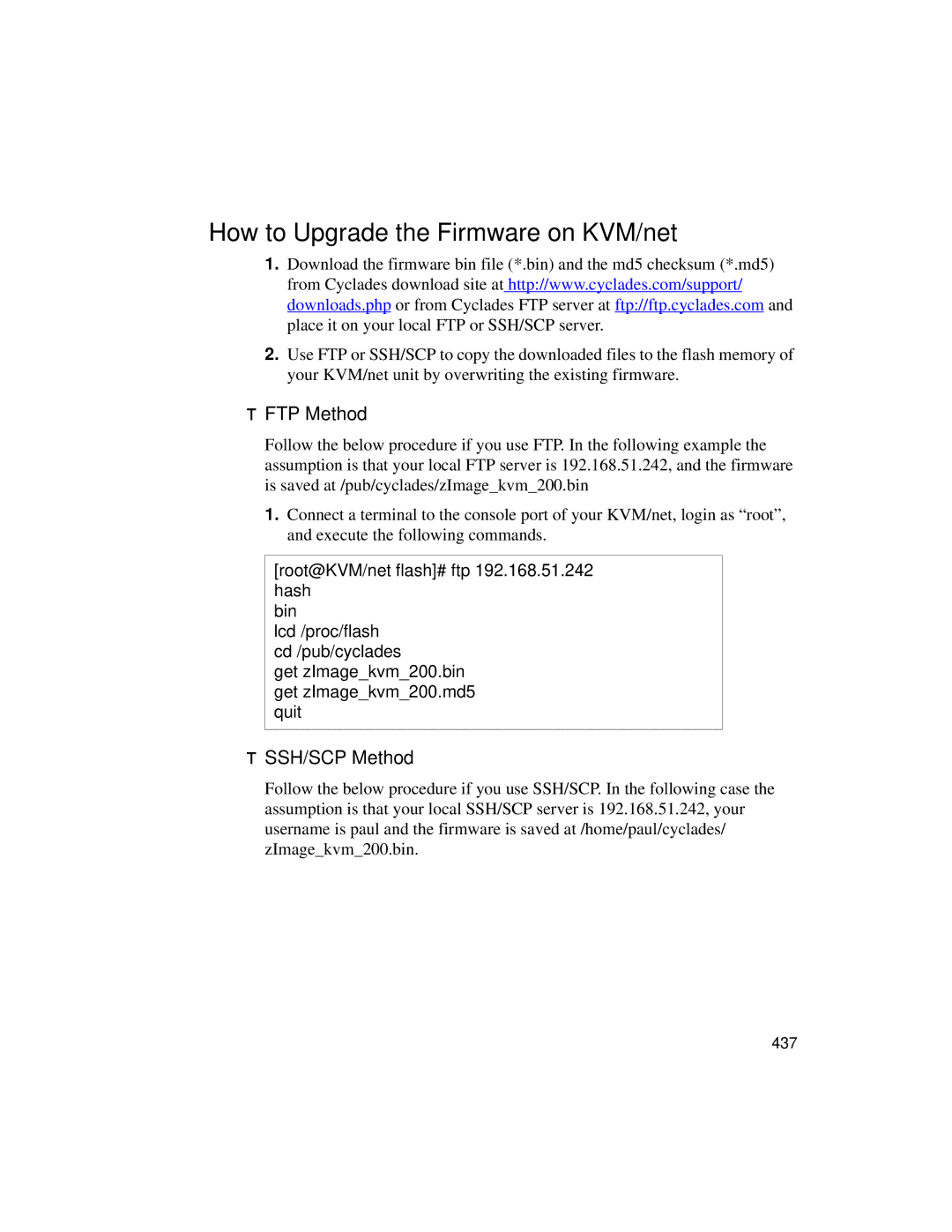 Cyclades User's Guide manual How to Upgrade the Firmware on KVM/net, FTP Method, SSH/SCP Method 