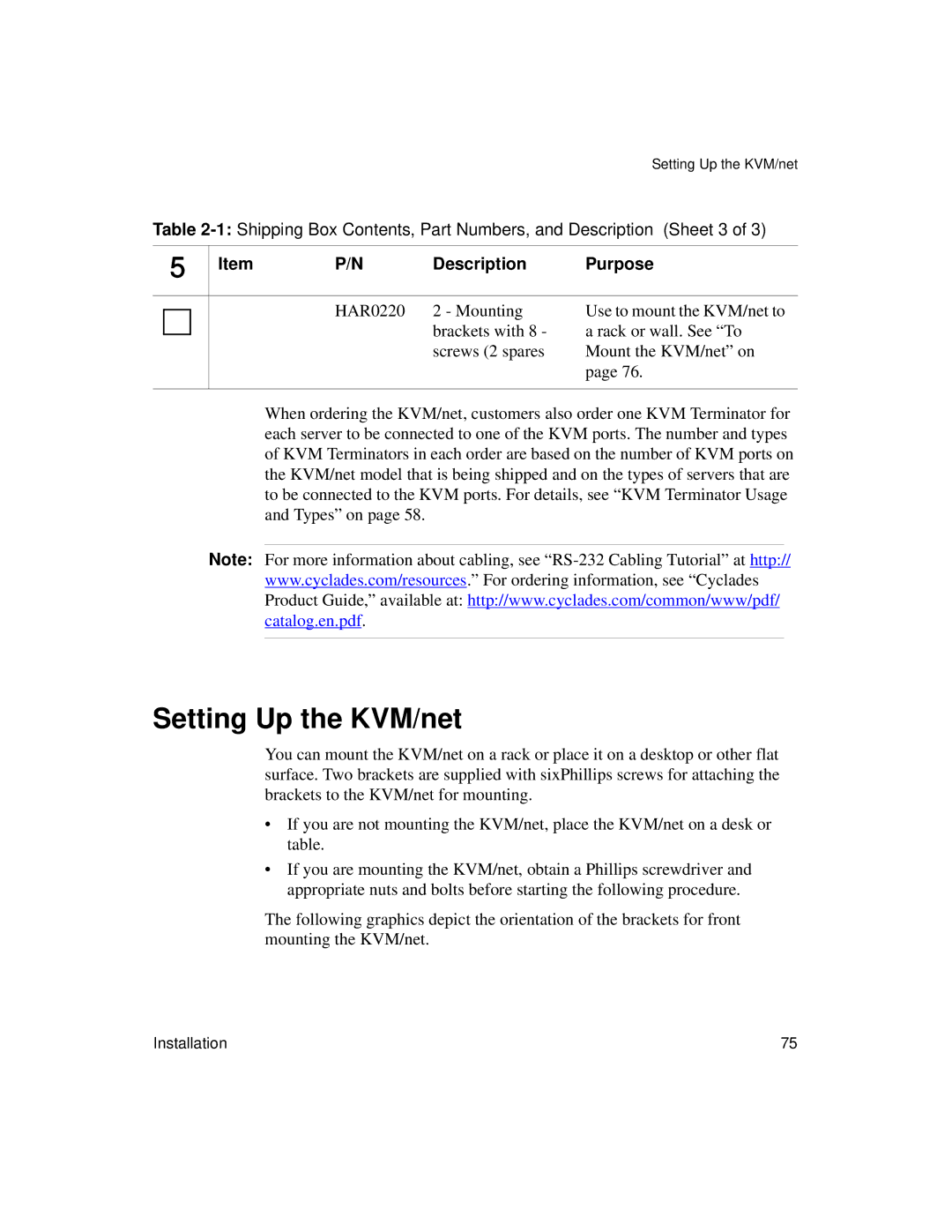 Cyclades User's Guide manual Setting Up the KVM/net 