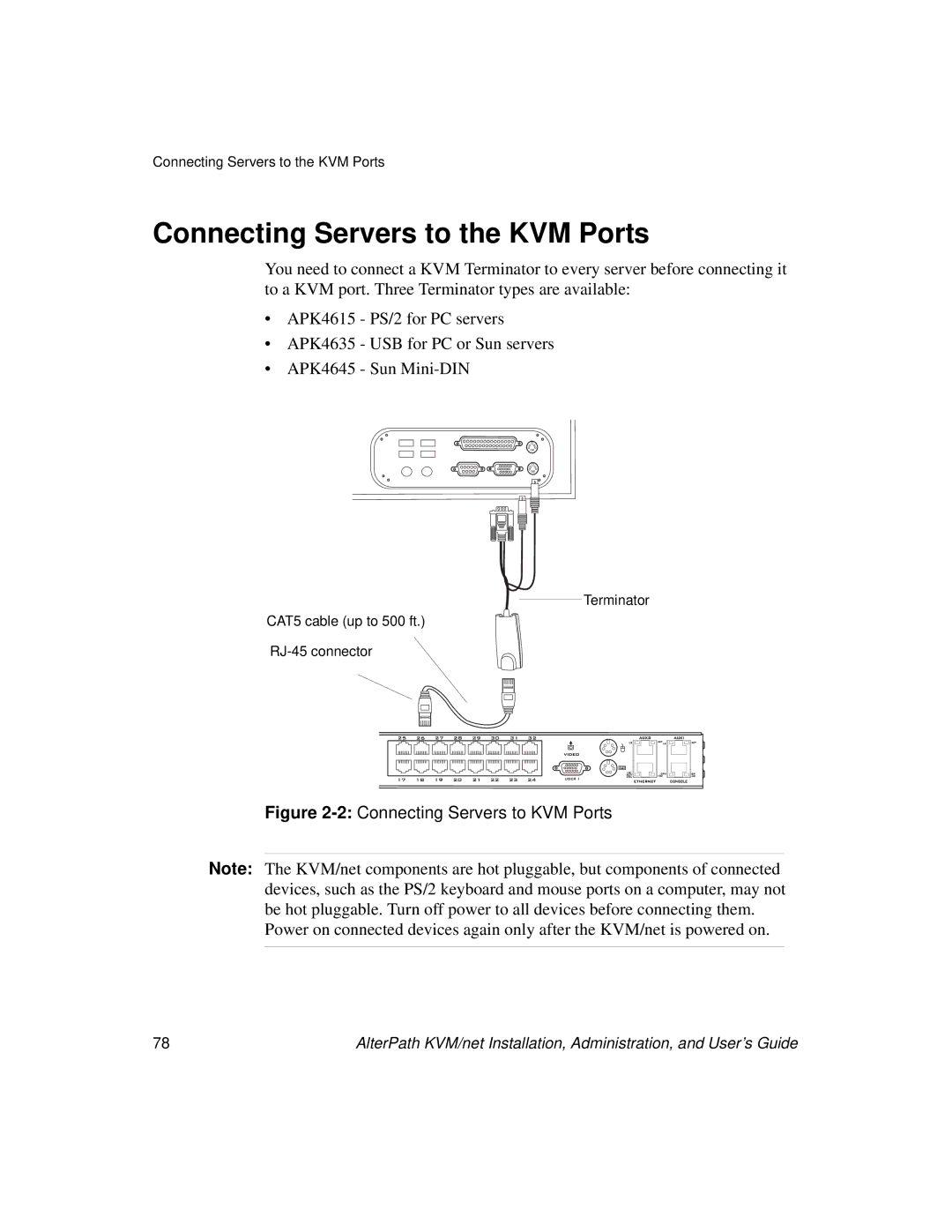 Cyclades User's Guide manual Connecting Servers to the KVM Ports, 2Connecting Servers to KVM Ports 