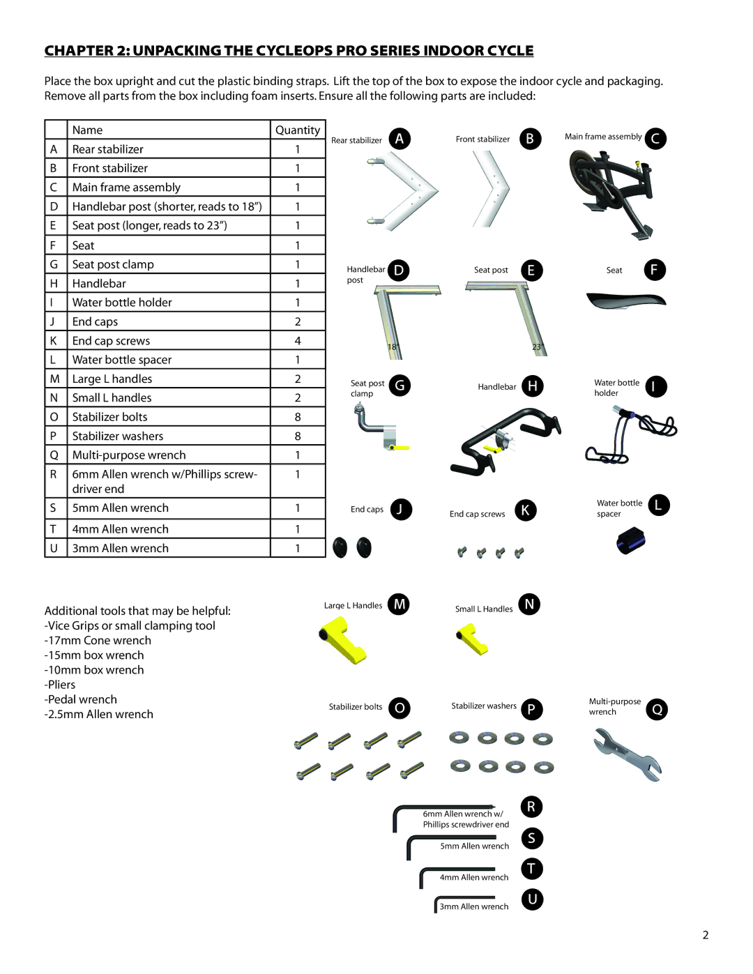 CycleOps 100 PRO, 300 PRO Rear stabilizer Front stabilizer Main frame assembly, Seat post longer, reads to Seat post clamp 