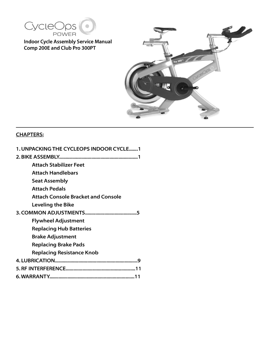 CycleOps Club Pro 300PT service manual Chapters 