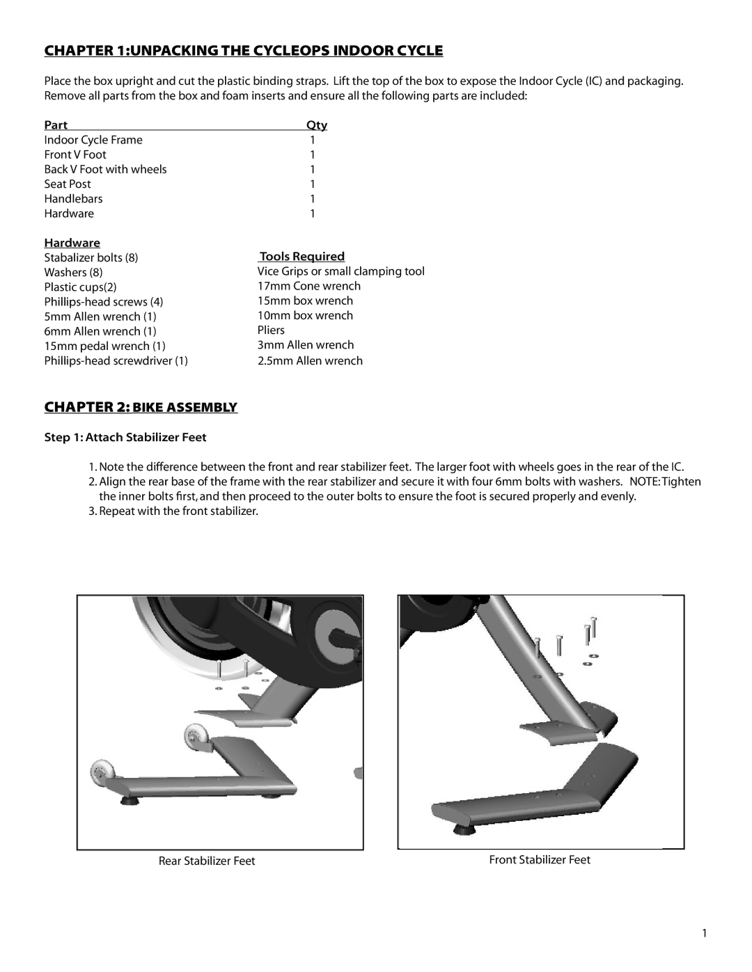 CycleOps Club Pro 300PT service manual Unpacking the Cycleops Indoor Cycle, Bike Assembly 