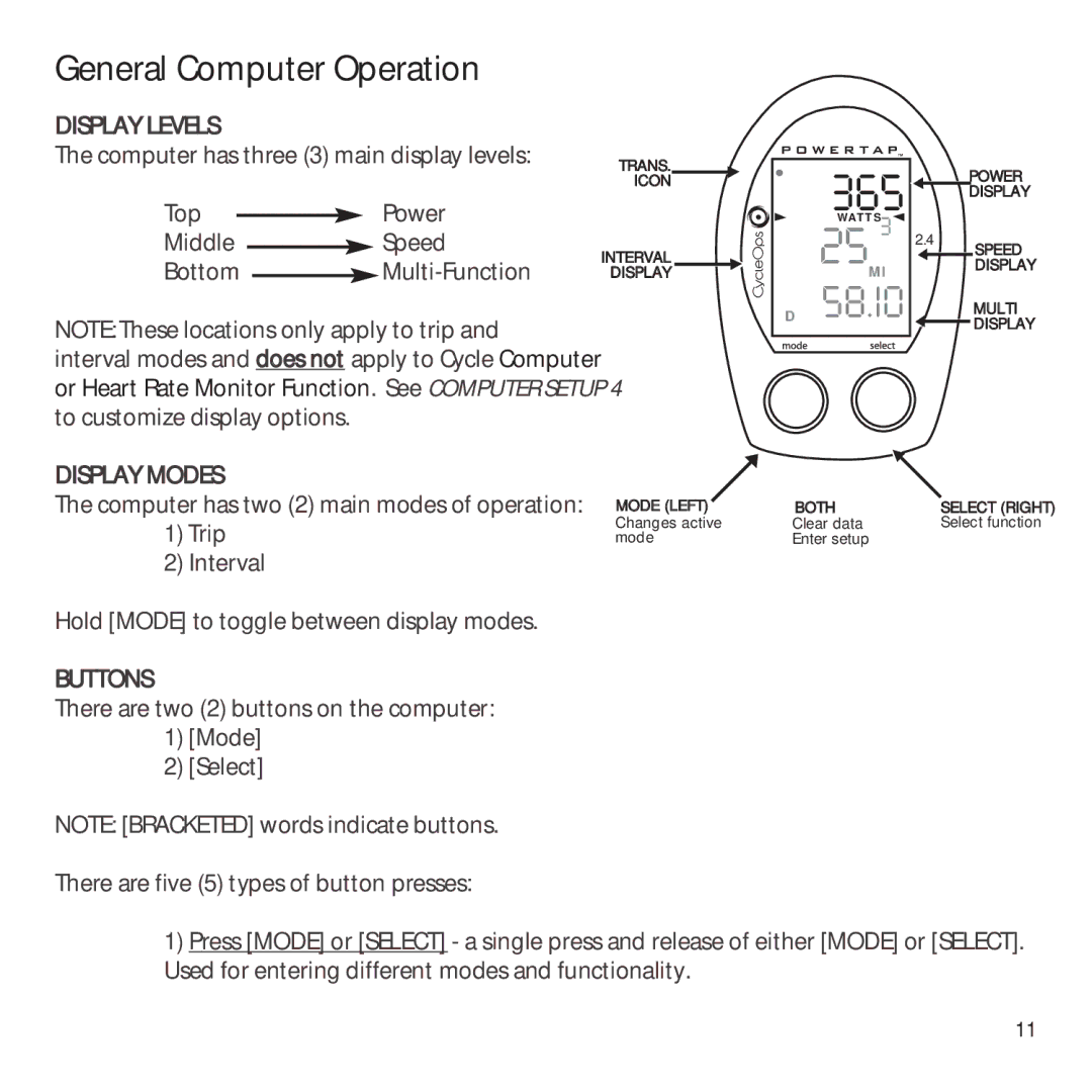 CycleOps PowerTap owner manual General Computer Operation, Display Levels, Display Modes, Buttons 