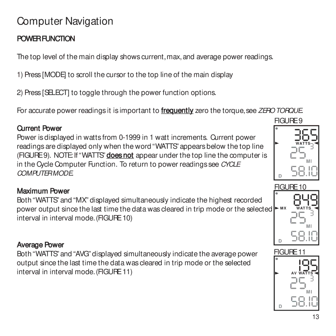 CycleOps PowerTap owner manual Computer Navigation, Power Function 