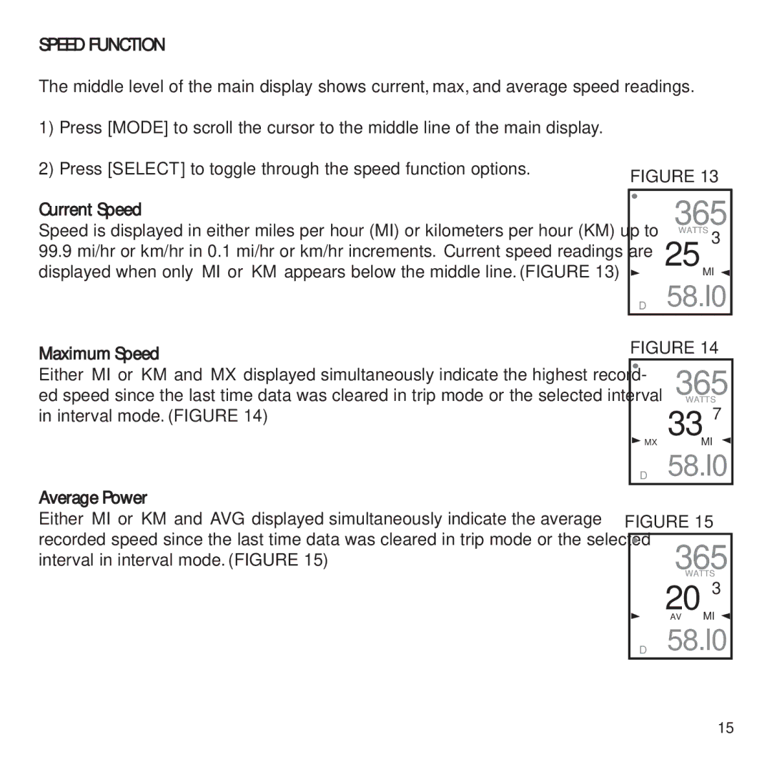 CycleOps PowerTap owner manual Speed Function 