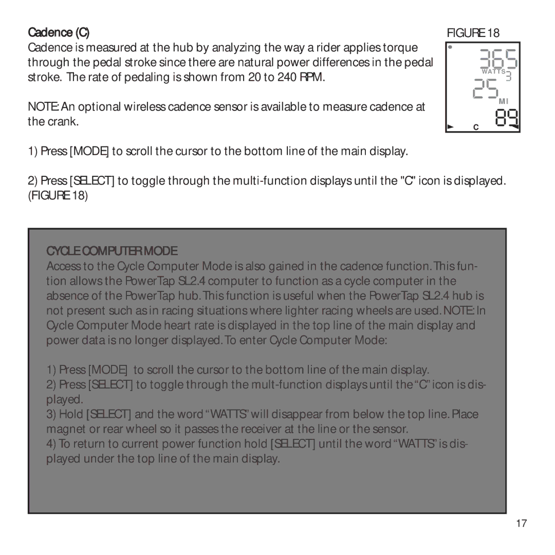 CycleOps PowerTap owner manual Cadence C, Cycle Computer Mode 