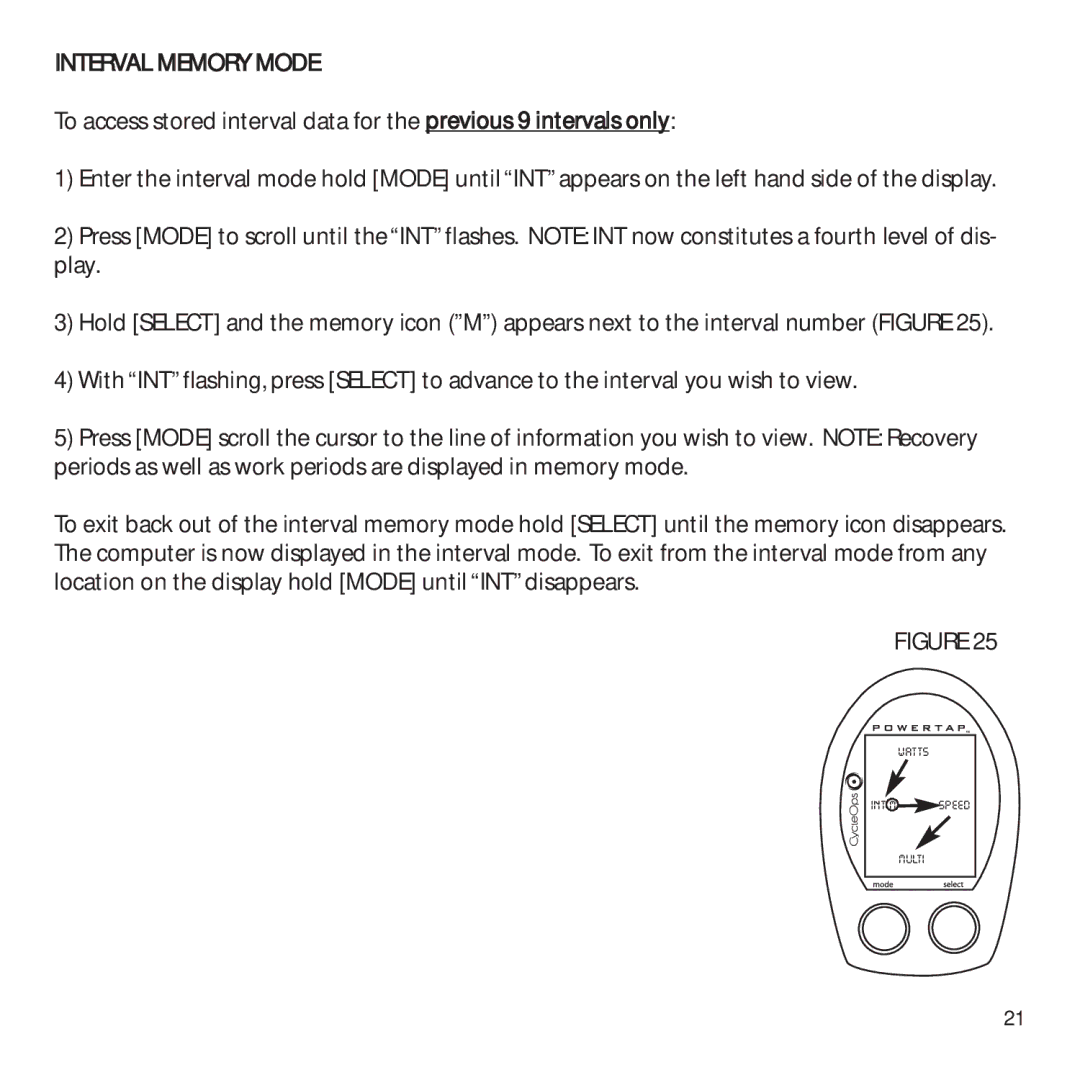 CycleOps PowerTap owner manual Interval Memory Mode 