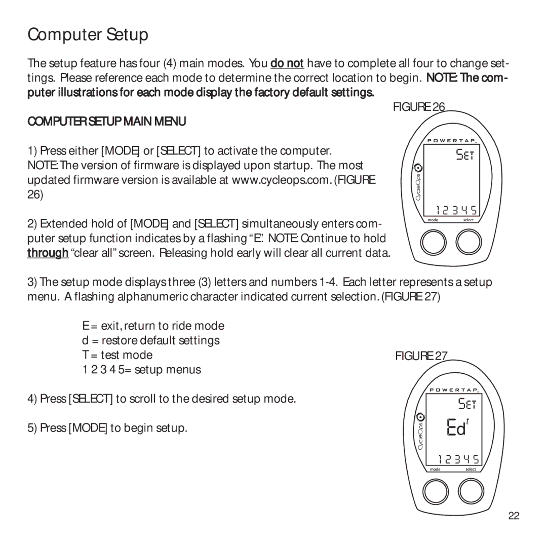 CycleOps PowerTap owner manual Computer Setup Main Menu 