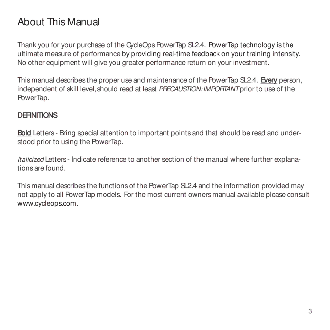 CycleOps PowerTap owner manual About This Manual, Definitions 