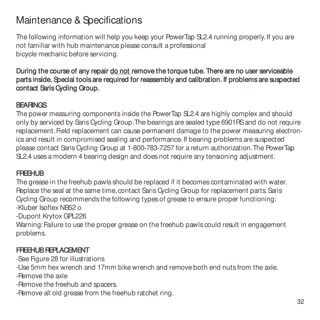 CycleOps PowerTap owner manual Maintenance & Specifications, Bearings, Freehub Replacement 