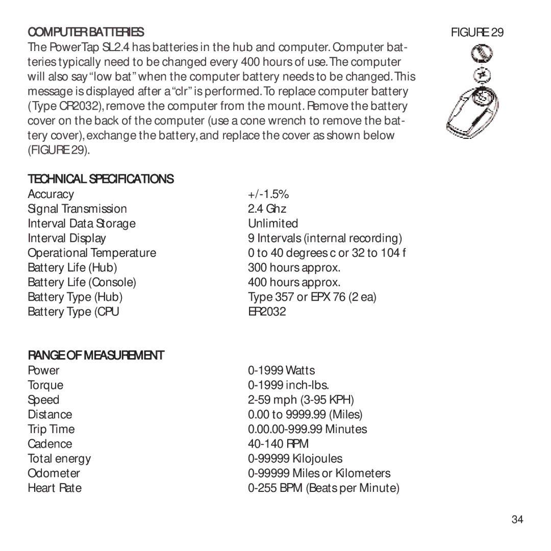 CycleOps PowerTap owner manual Computer Batteries, Technical Specifications, Range of Measurement 