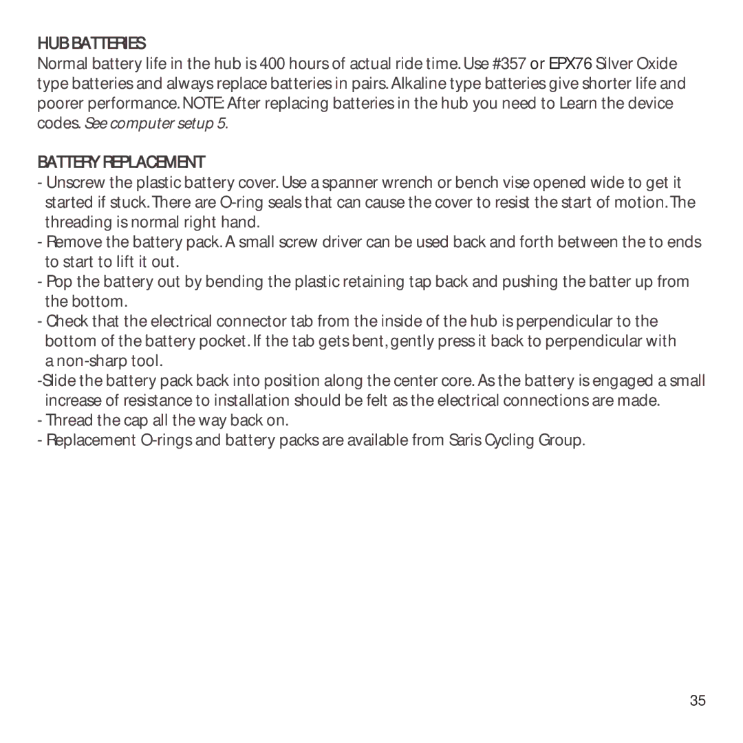 CycleOps PowerTap owner manual HUB Batteries, Battery Replacement 