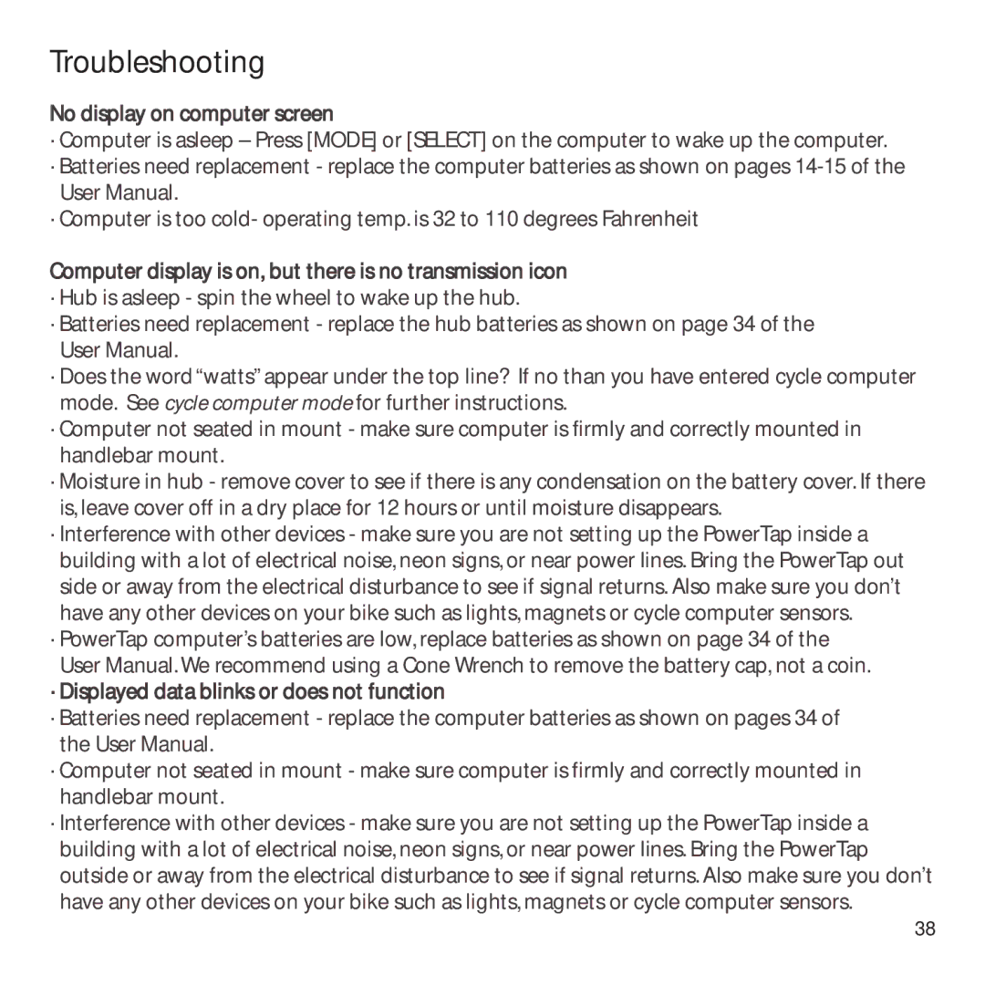 CycleOps PowerTap owner manual Troubleshooting 