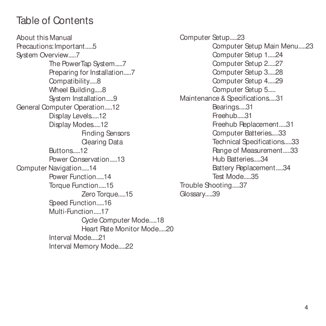 CycleOps PowerTap owner manual Table of Contents 