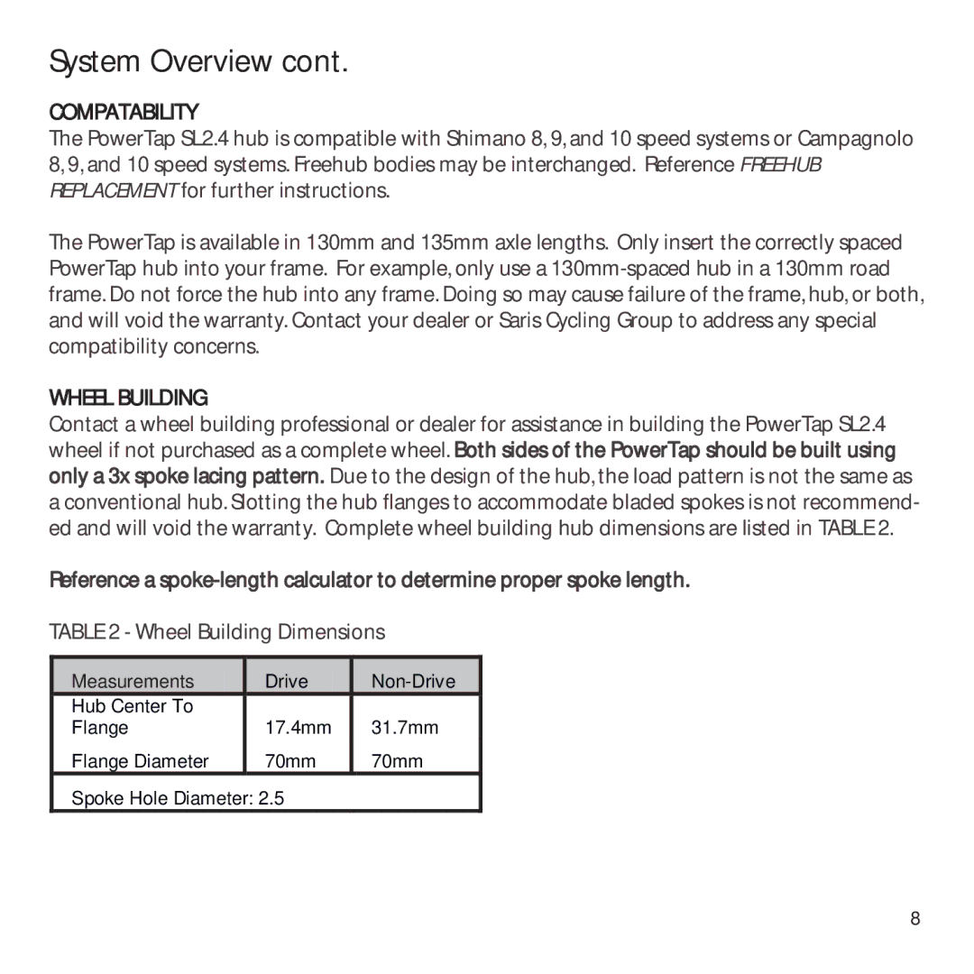 CycleOps PowerTap owner manual Compatability, Wheel Building 