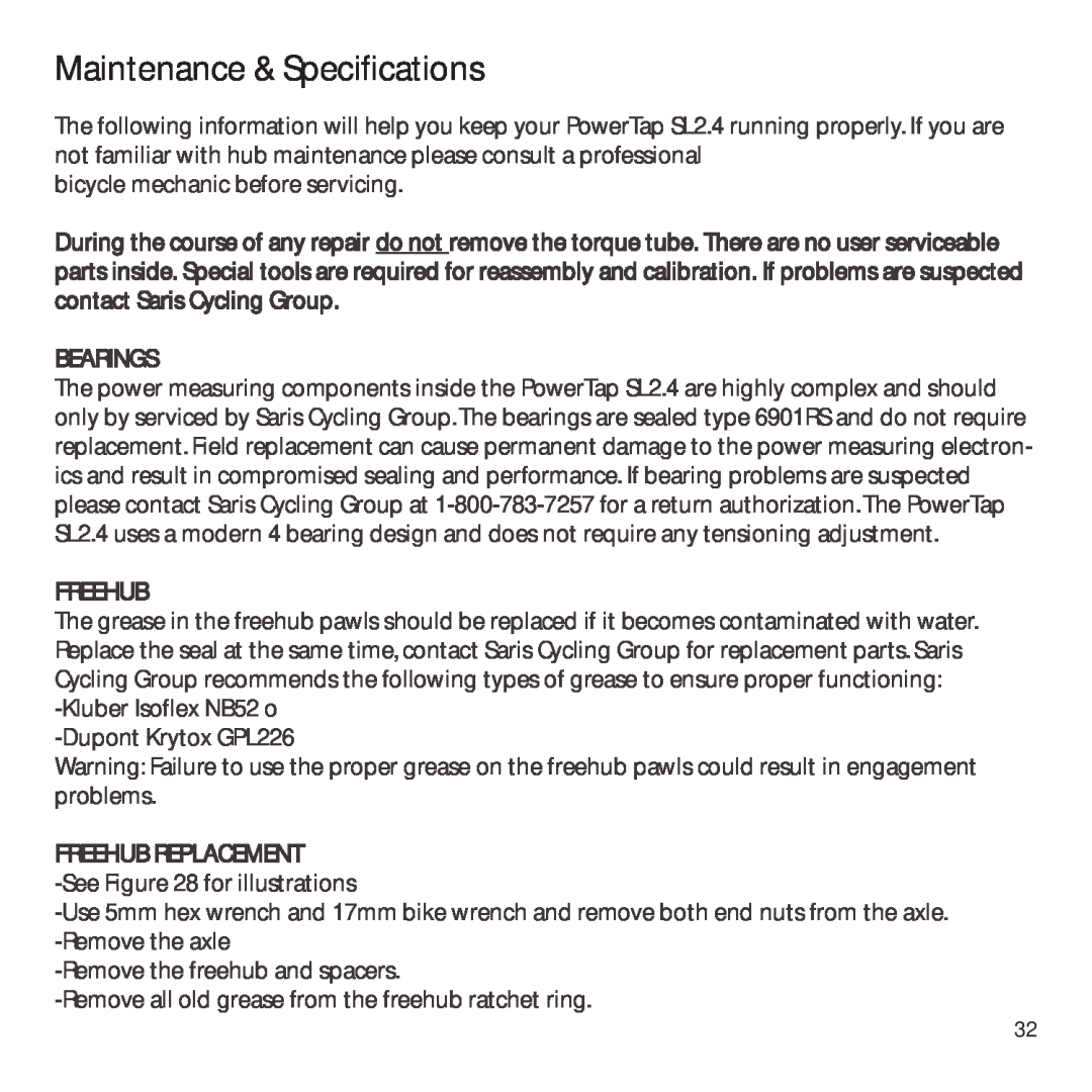 CycleOps PowerTap owner manual Maintenance & Specifications 