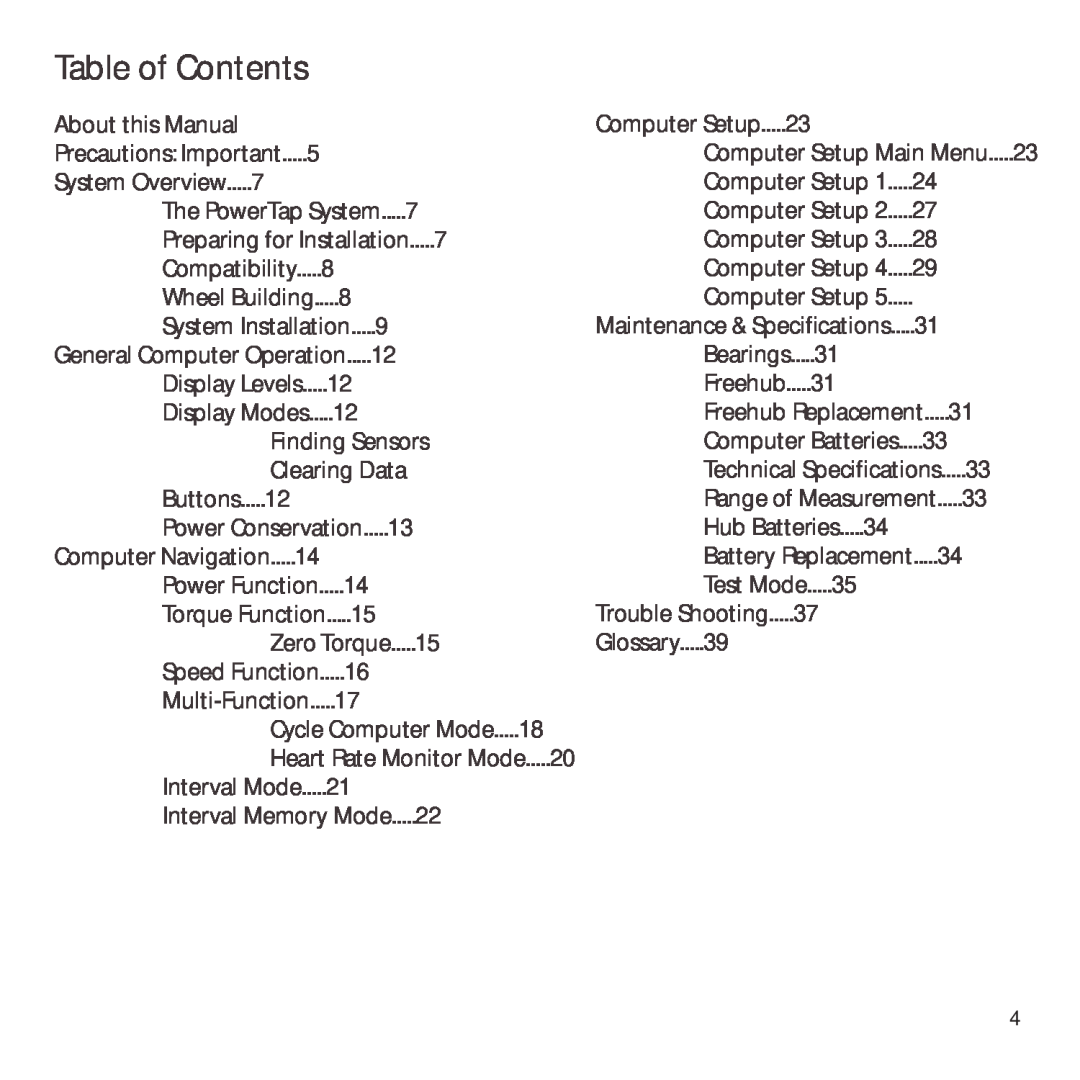 CycleOps owner manual Table of Contents, About this Manual, The PowerTap System.....7, Finding Sensors, Clearing Data 