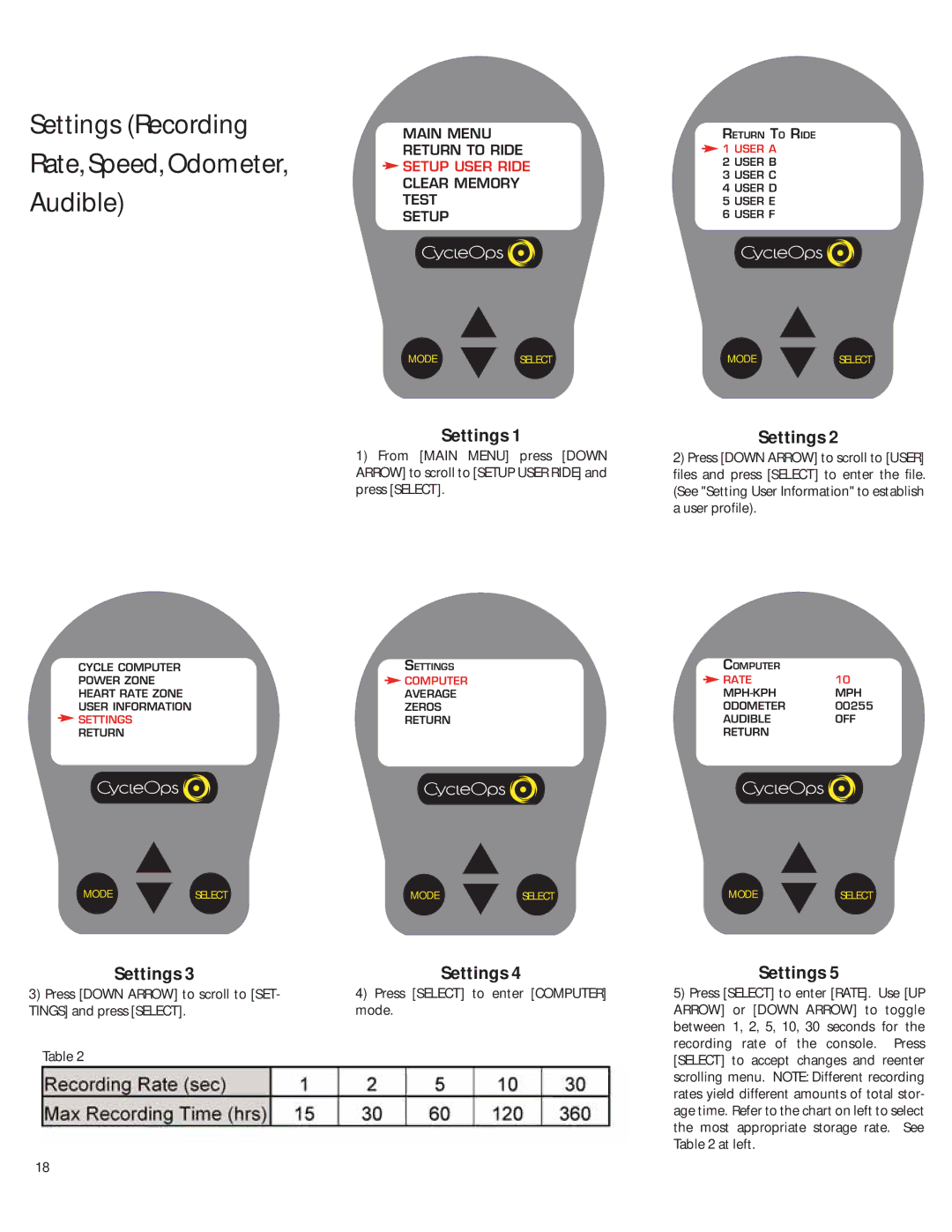 CycleOps PRO 300PT, Comp 200E manual Settings Recording Rate, Speed, Odometer Audible 